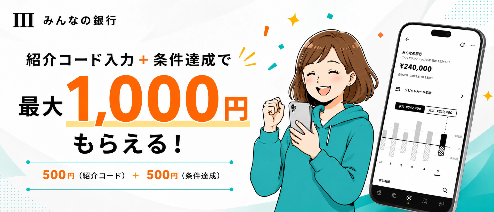 みんなの銀行の紹介コード入力と条件達成で最大1000円を受け取れる案内画像