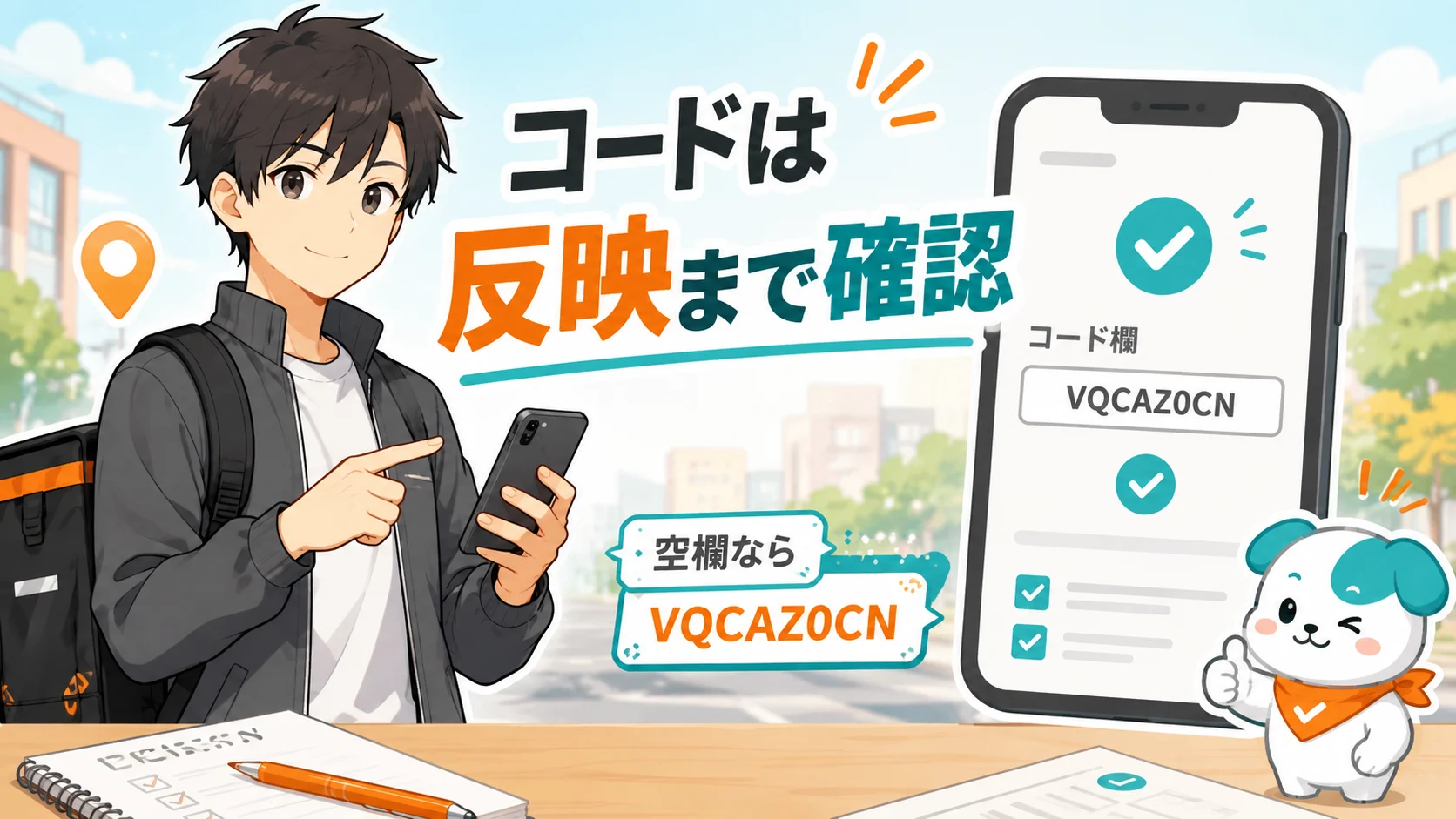 ミナトがスマホで紹介コードの反映確認を案内し、チェックンと抽象的なコード入力欄を表示しているイメージ