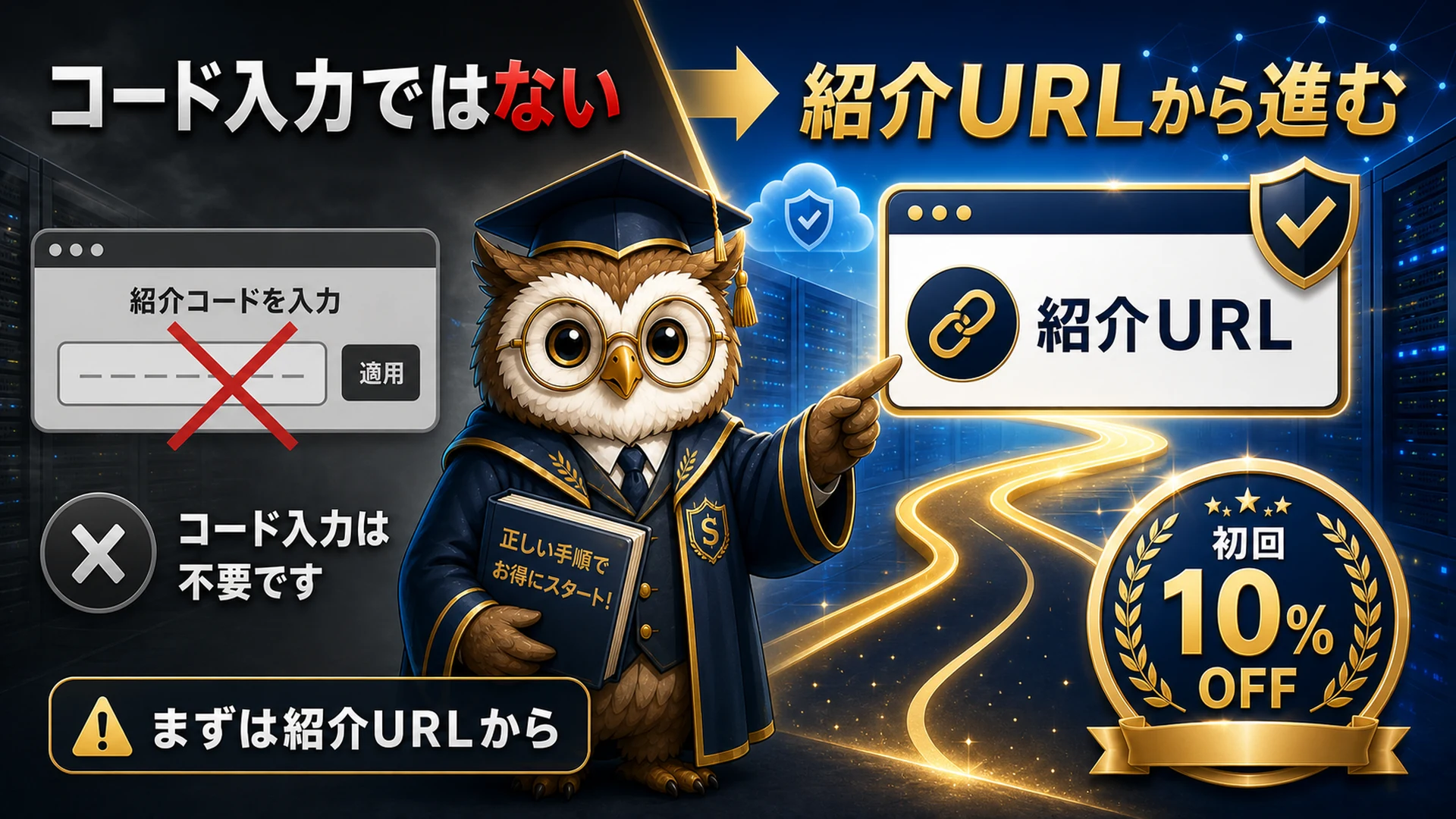 シンレンタルサーバーは紹介コード入力ではなく紹介URL経由で申し込む説明イメージ