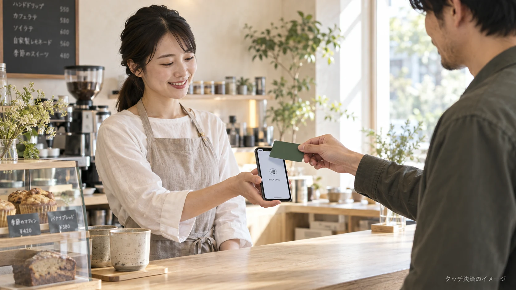 スマートフォンでカードのタッチ決済を受け付けるイメージ